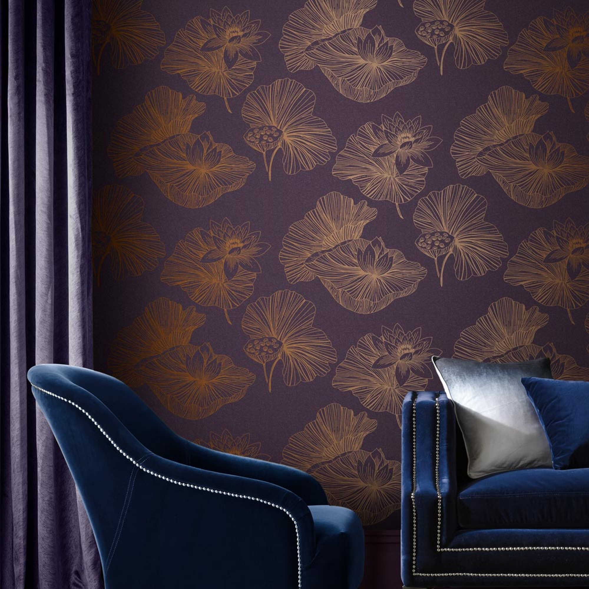 Lotus Floral Wallpaper 105936 By Graham Brown In Plum Purple Copper